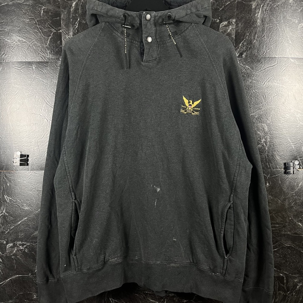 Polo Ralph Lauren Men's Black Vtg Henley Eagle Crest Hoodie Large -Flaws